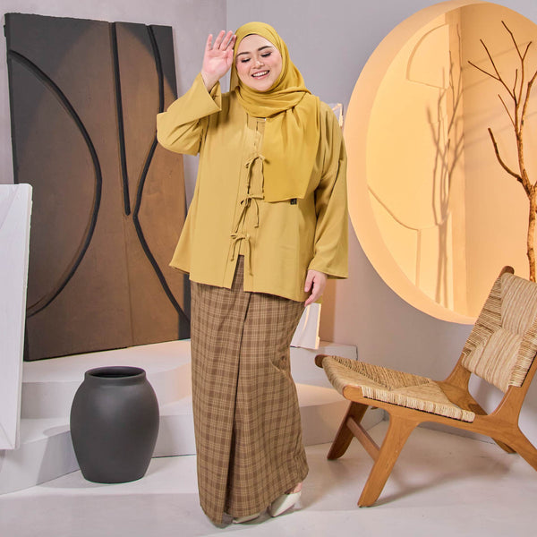 Leanne Pleated Kurung Set  - Mustard Brown Check