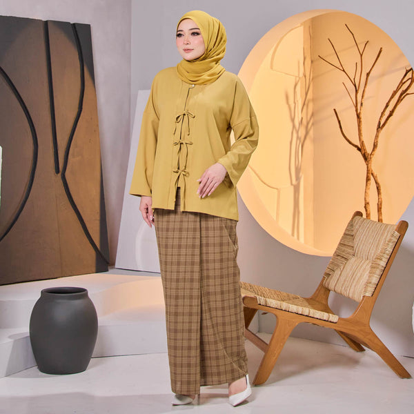 Leanne Pleated Kurung Set  - Mustard Brown Check