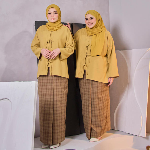 Leanne Pleated Kurung Set  - Mustard Brown Check