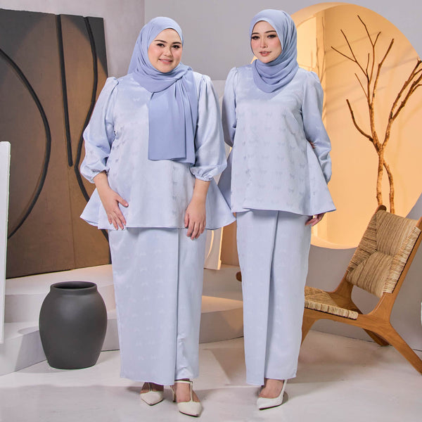 Qamar Pleated Kurung Set  - Light Blue Brocade