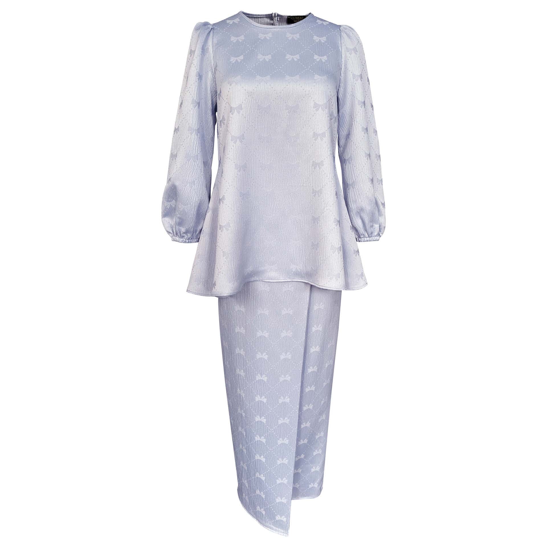 Qamar Pleated Kurung Set  - Light Blue Brocade