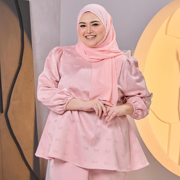 Qamar Pleated Kurung Set  - Pink Brocade