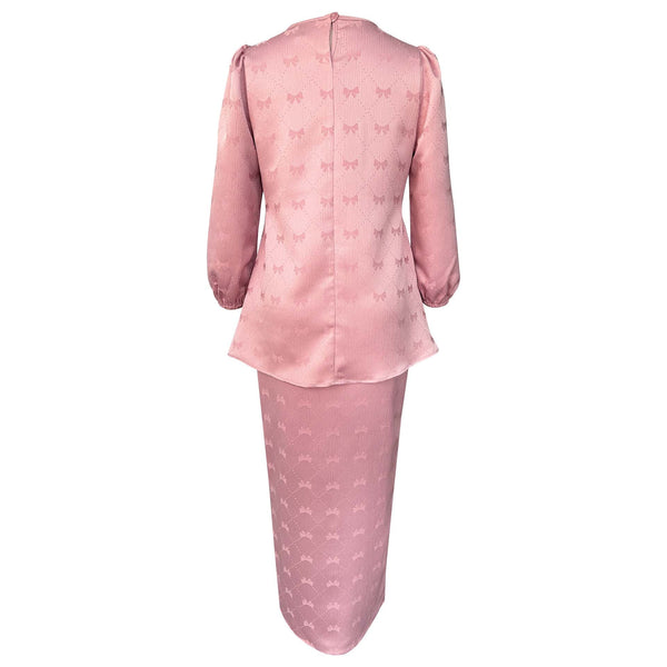 Qamar Pleated Kurung Set  - Pink Brocade