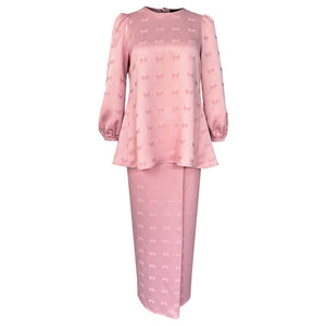 Qamar Pleated Kurung Set  - Pink Brocade