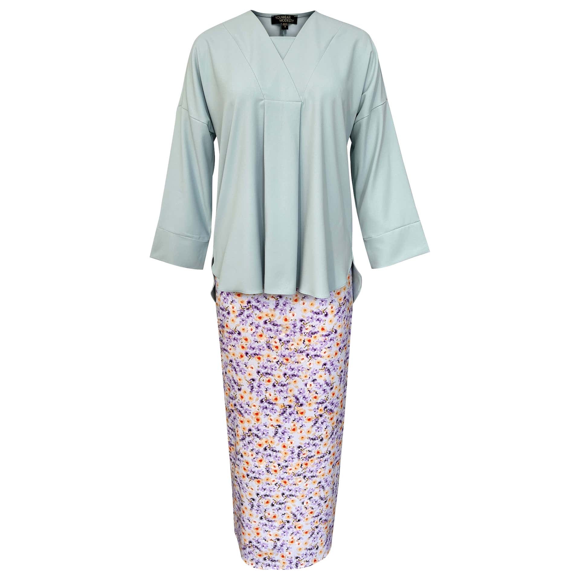 Airiji Tapered Kurung Set - Mint Blue Floral