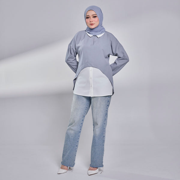 Nelly Contrast Blouse - Blue White