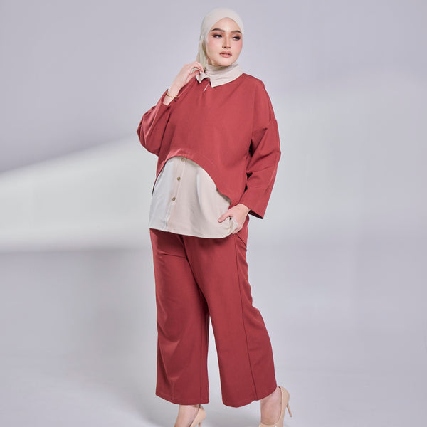 Nelly Contrast Blouse - Maroon/Beige