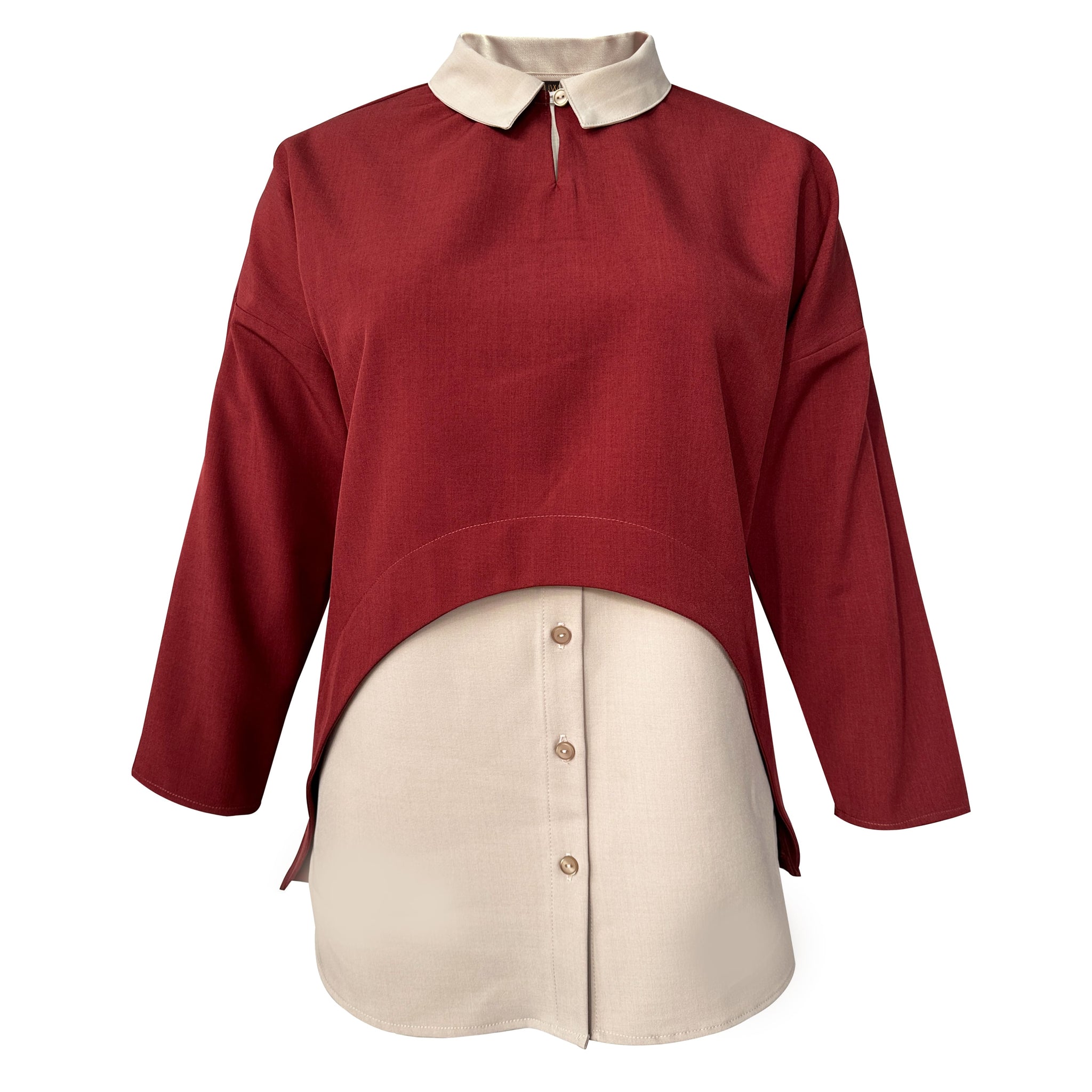 Nelly Contrast Blouse - Maroon/Beige