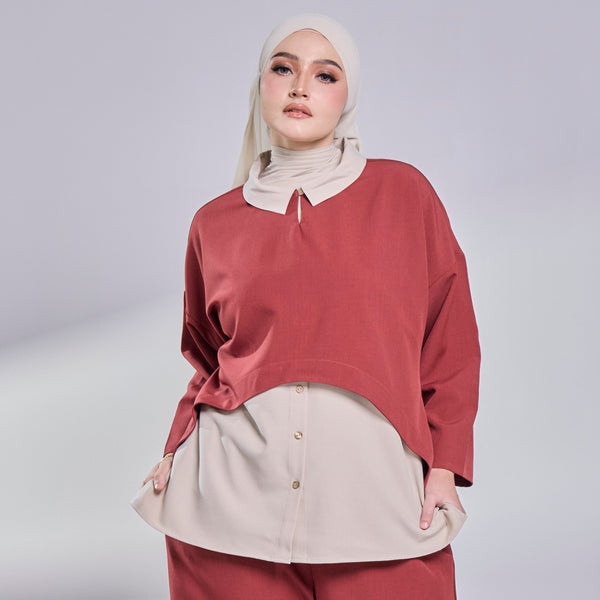 Nelly Contrast Blouse - Maroon/Beige