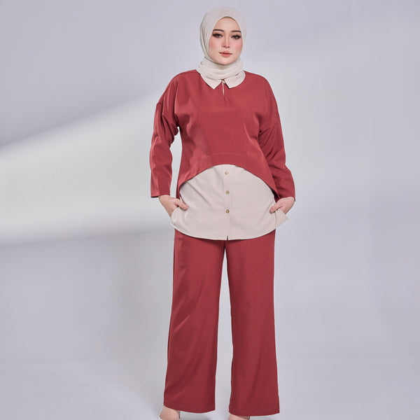 Nelly Contrast Blouse - Maroon/Beige