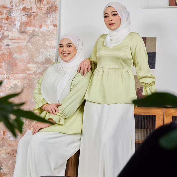 Emery Feminine Blouse & Skirt - Lime/Off White