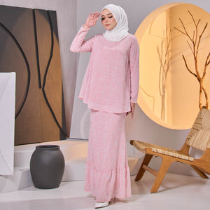 Jawhara 2.0 Flare Chiffon Kurung Set – White Pink Flower