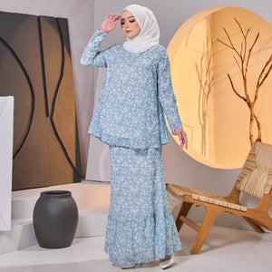 Jawhara 2.0 Flare Chiffon Kurung Set – White Teal Flower