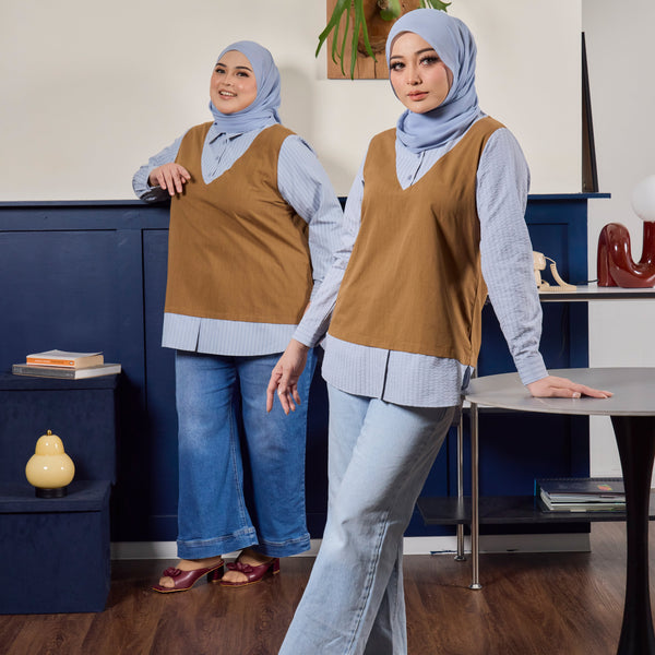 Chloe Blouse - Caramel Blue Stripe