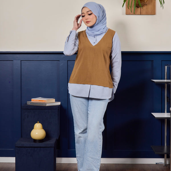 Chloe Blouse - Caramel Blue Stripe