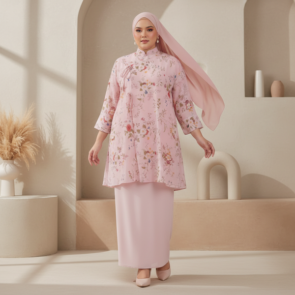 Neela Kurung Tapared Set - Blush Pink