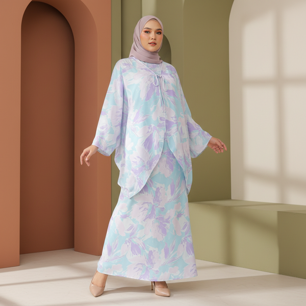 Leena Maxi Dress with Cardigan - Blue Lilac Print