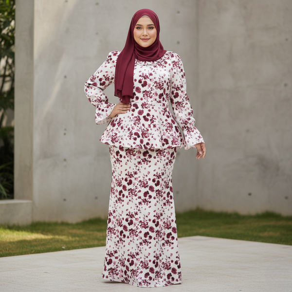 Allamanda 3.0 Kurung Mermaid Set - Maroon Flower