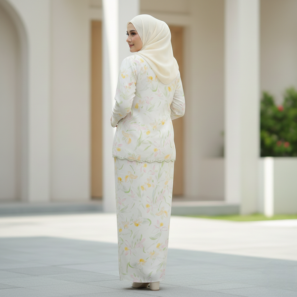 Detura 3.0 Embroidery Kurung Set - Beige Yellow Floral (PREORDER)