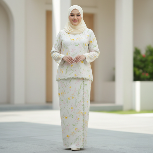 Detura 3.0 Embroidery Kurung Set - Beige Yellow Floral (PREORDER)