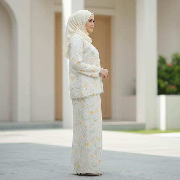 Detura 3.0 Embroidery Kurung Set - Beige Yellow Floral (PREORDER)