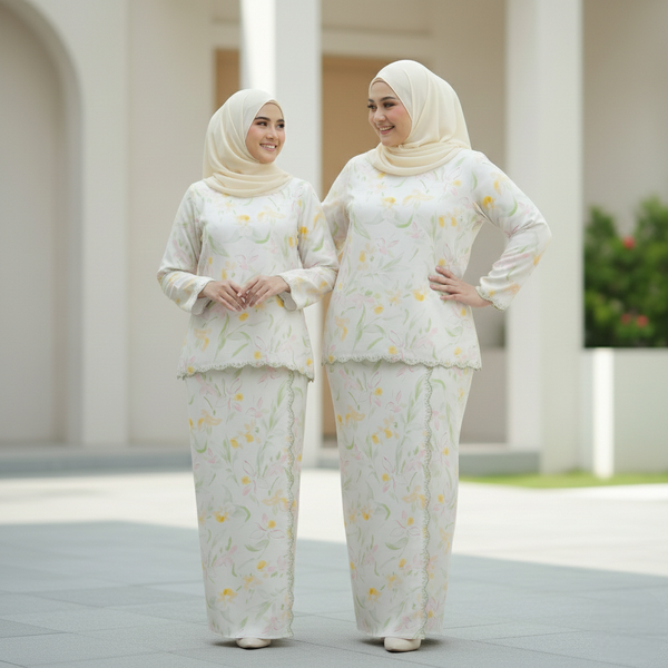 Detura 3.0 Embroidery Kurung Set - Beige Yellow Floral (PREORDER)