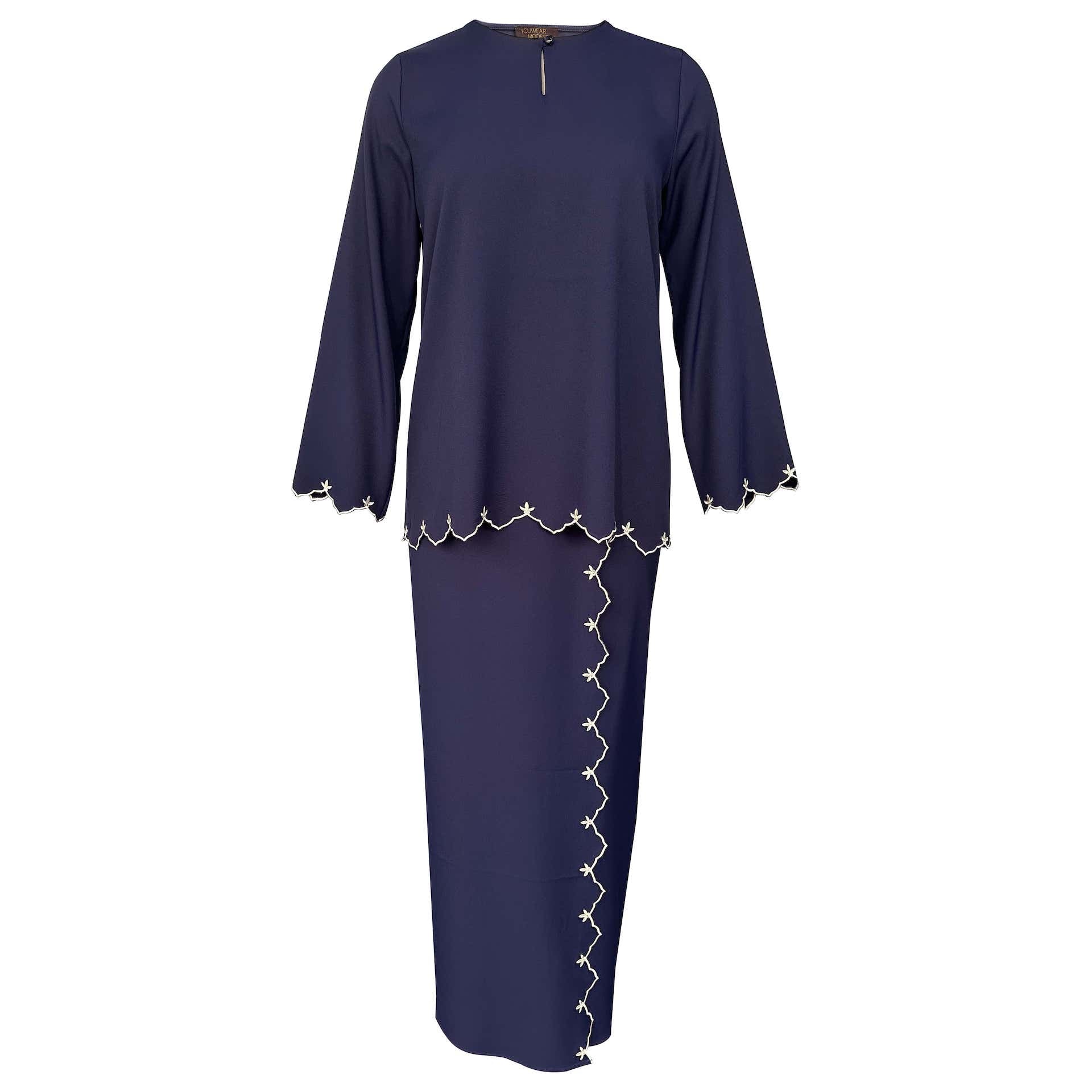 Detura Embroidery Kurung Set - Navy Blue