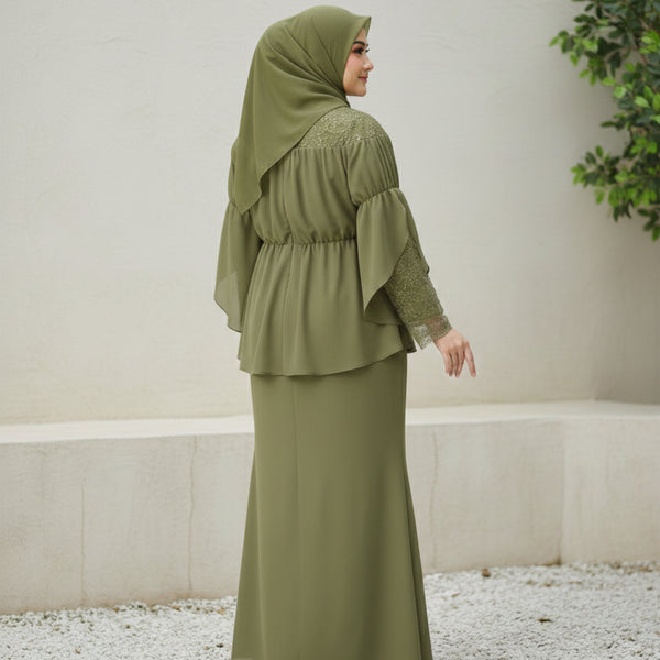 Milya Lace Mermaid Kurung Set - Army Green