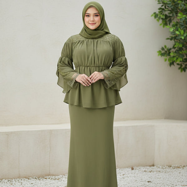Milya Lace Mermaid Kurung Set - Army Green