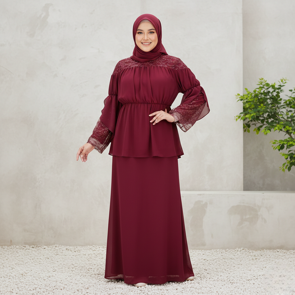 Milya Lace Mermaid Kurung Set - Maroon