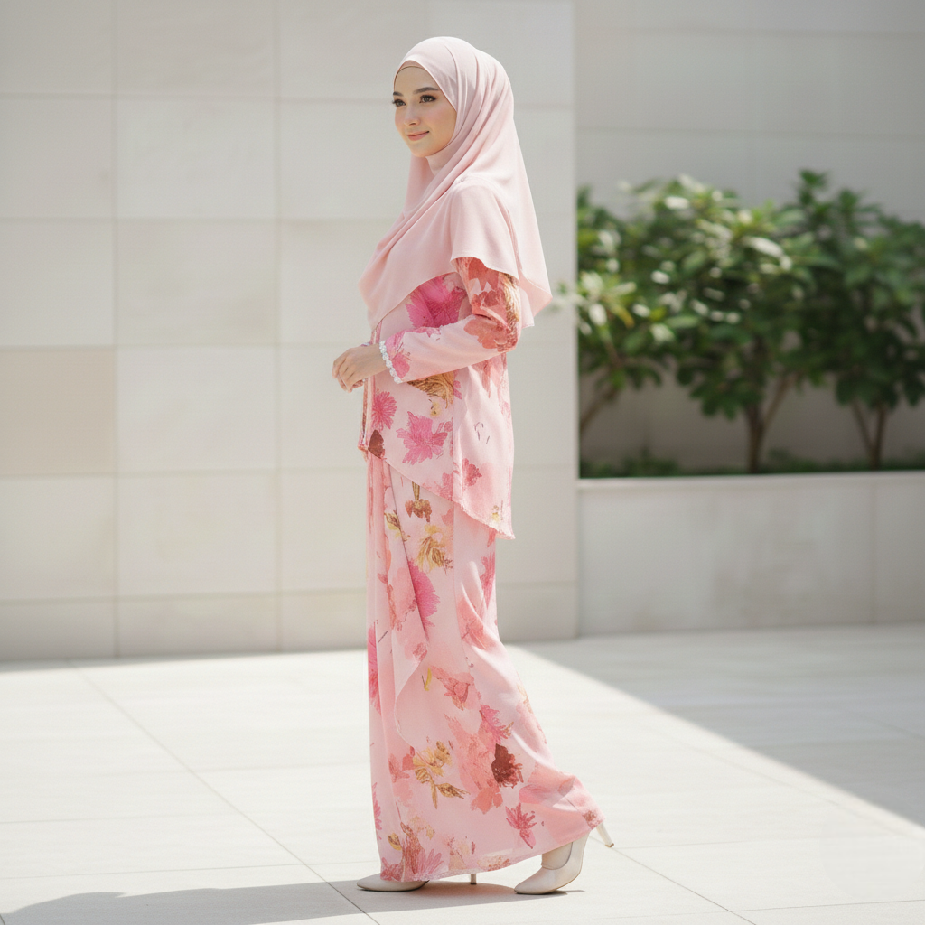 Kalyani 2.0 Overlap Kurung Set - Pink Flower – YOUWEARMODESTY
