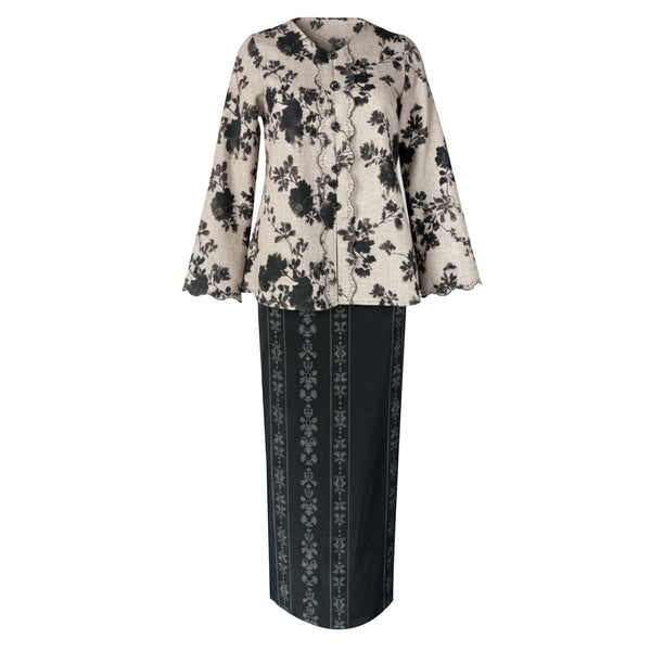 Daleya Tapered Kurung Set - Brown/Black Floral