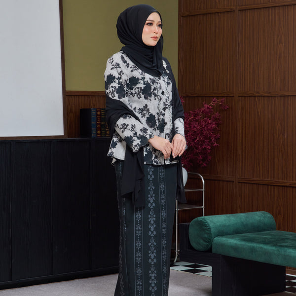 Daleya Tapered Kurung Set - Brown/Black Floral