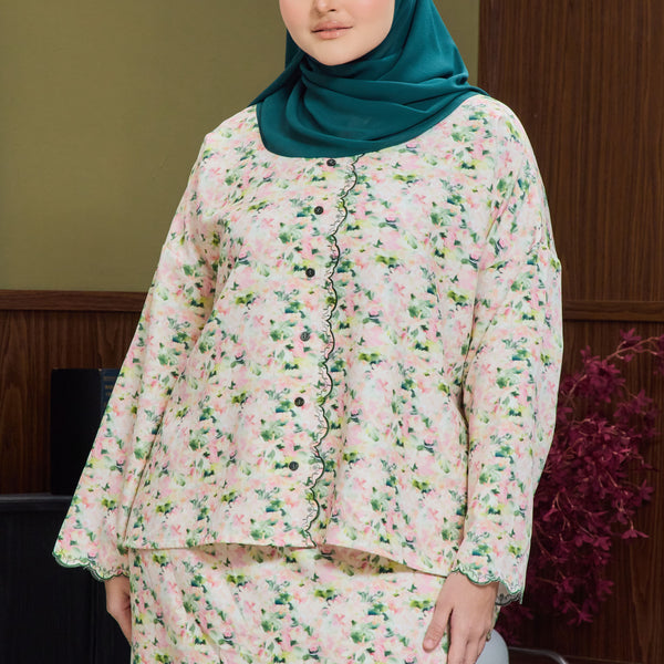 Hafya Tapered Kurung Set - Green Pink Flower