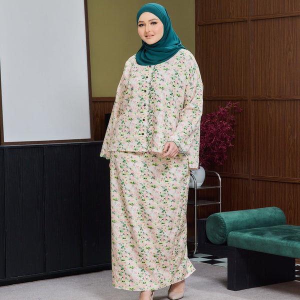 Hafya Tapered Kurung Set - Green Pink Flower