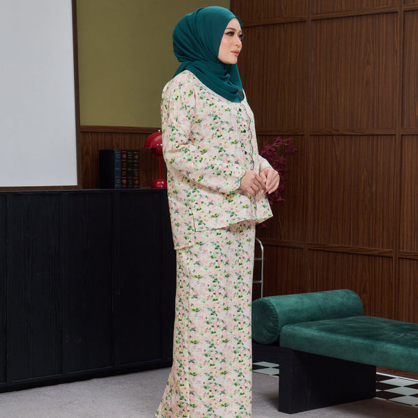 Hafya Tapered Kurung Set - Green Pink Flower