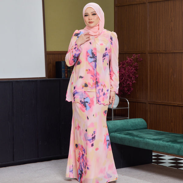 Basira Kurung Mermaid Set - Pink Abstract [PreOrder]