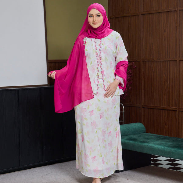 Rawda Kebaya Kurung Set - Beige Pink Flower