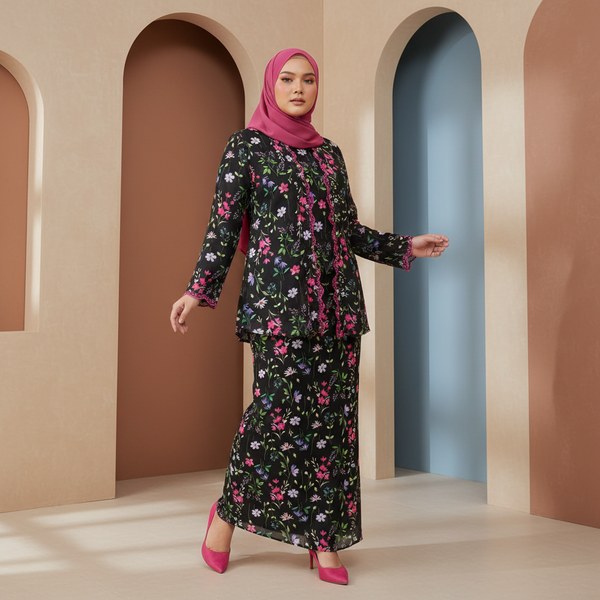 Rawda Kebaya Kurung Set - Black