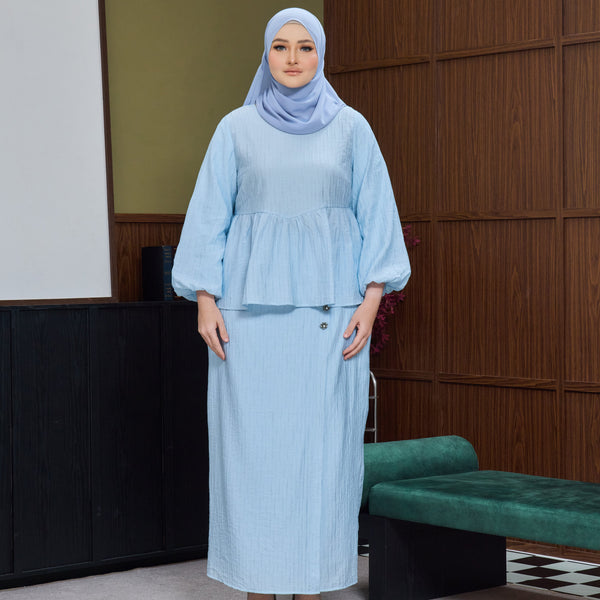 Twisha Kurung Fr Overlap Set - Light Blue