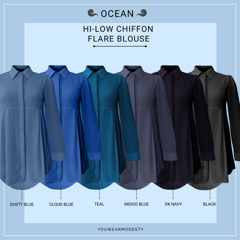 Basic Hi-Low Chiffon Flare Blouse - Ocean