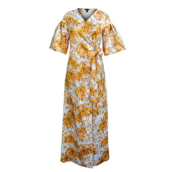 Clover Puff Sleeve Wrap Dress - Yellow