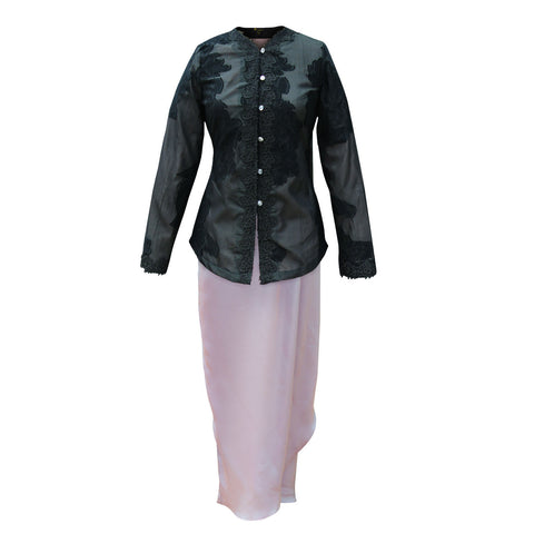 Primrose Nyonya Kebaya Set - Black Jacquard With Dusty Pink Skirt