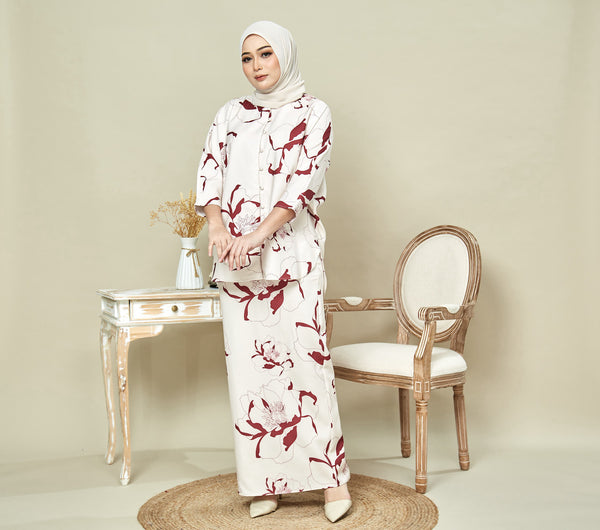 Basma Kurung Set - Rose Ivory Red