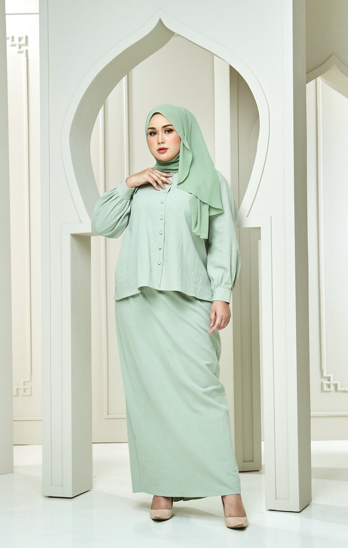 Nikayla Linen Kurung Set - Seafoam Green